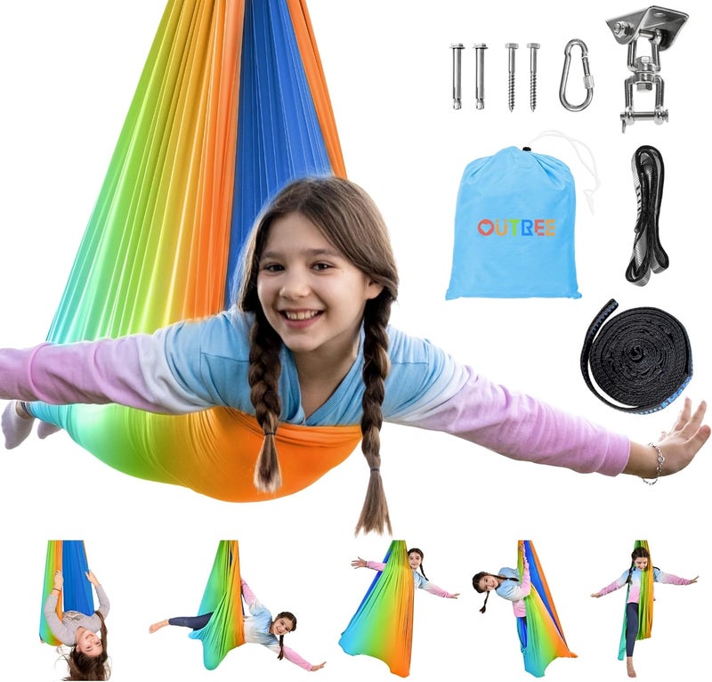 OUTREE Double Layer Therapy Swing with 360 Swivel Hanger, Healing & Relaxing Cuddle Swing for Kids and Adults with Autism, ADHD, Sensory Processing Disorder (Orange-Green Gradient) - Image 1